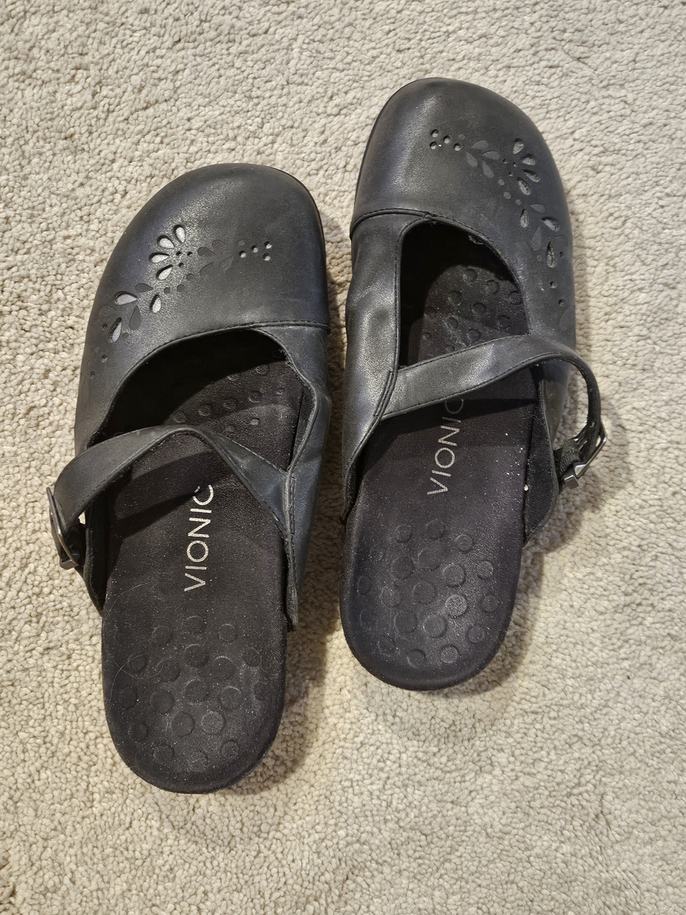 Vionic Black Floral-Cut Mary Jane Clogs